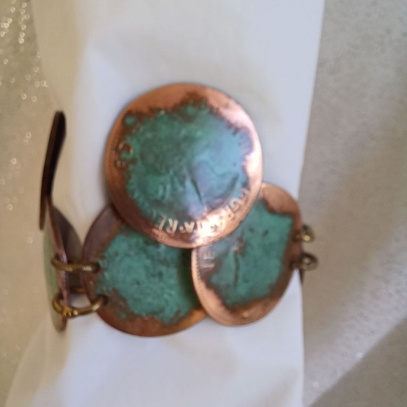 Bracelet Statement Oxidized Copper Turquoise Tone Coin Faux Bold 9" Boho Western - Picture 4 of 15
